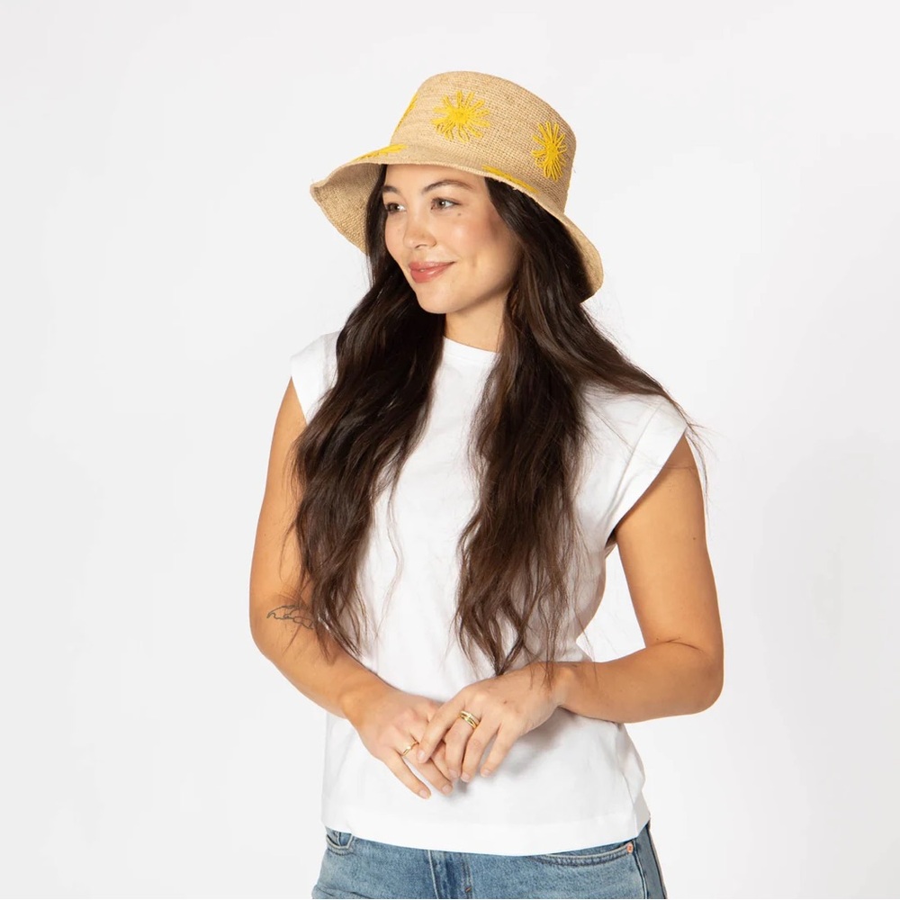 San Diego Hat Co. Sol - Crochet Raffia Bucket with Embroidered Flowers Yellow - Picture 3 of 5